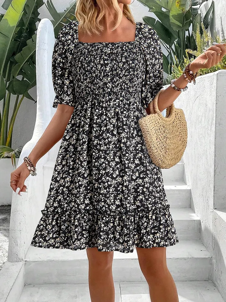 Athvotar Athvotar Women's Summer New New Ocean Bubble Bubble Sleeves Crush Flower Dresses Women's Dress
