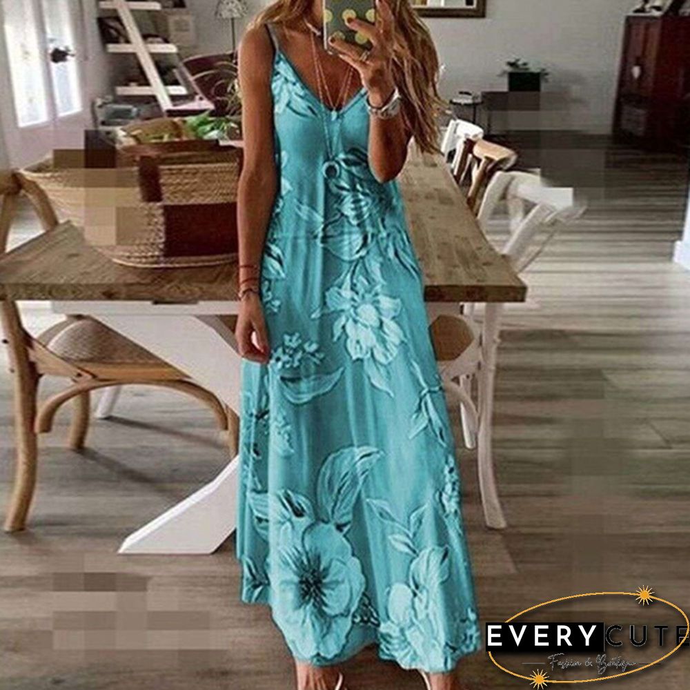 Women's Fashion Summer Sleeveless Floral Printing Sling Dress Deep V-Neck Slim Fit Big Swing Skirts Loose Casual Long Maxi Dresses Ladies Plus Size Party Dresses
