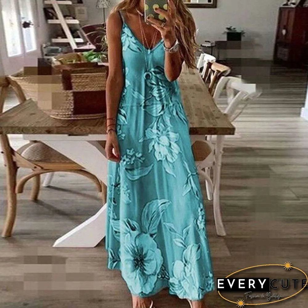 Women's Fashion Summer Sleeveless Floral Printing Sling Dress Deep V-Neck Slim Fit Big Swing Skirts Loose Casual Long Maxi Dresses Ladies Plus Size Party Dresses