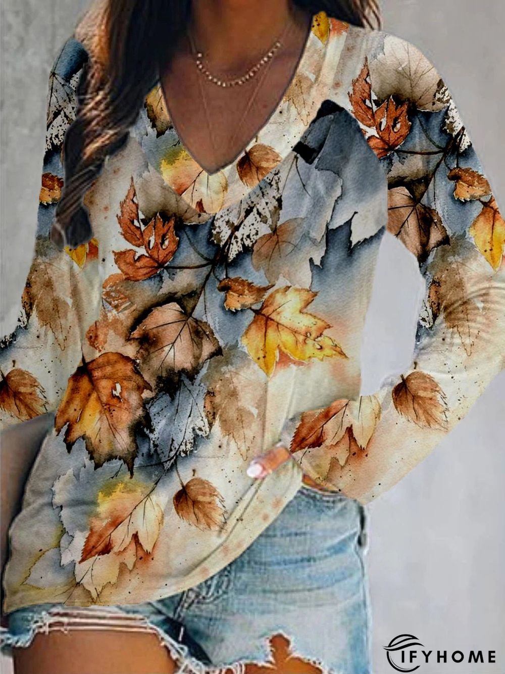 Casual Long Sleeve V Neck Printed Top T-shirt | IFYHOME