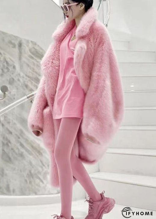 Plus Size Pink Peter Pan Collar Pockets Patchwork Fuzzy Fur Fluffy Coat Winter | IFYHOME