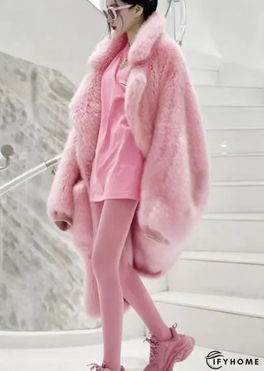 Plus Size Pink Peter Pan Collar Pockets Patchwork Fuzzy Fur Fluffy Coat Winter | IFYHOME