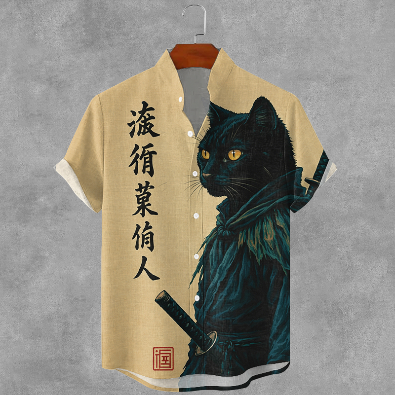 Men's Vintage Japanese Art Cat Print Casual Shirt elevenforest
