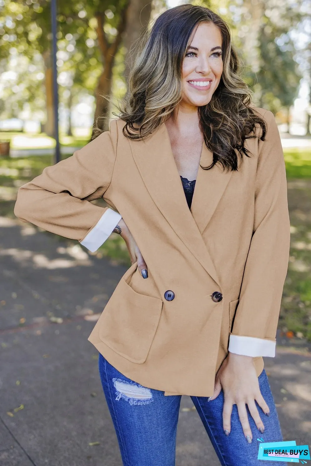 Buttoned Lapel Collar Blazer