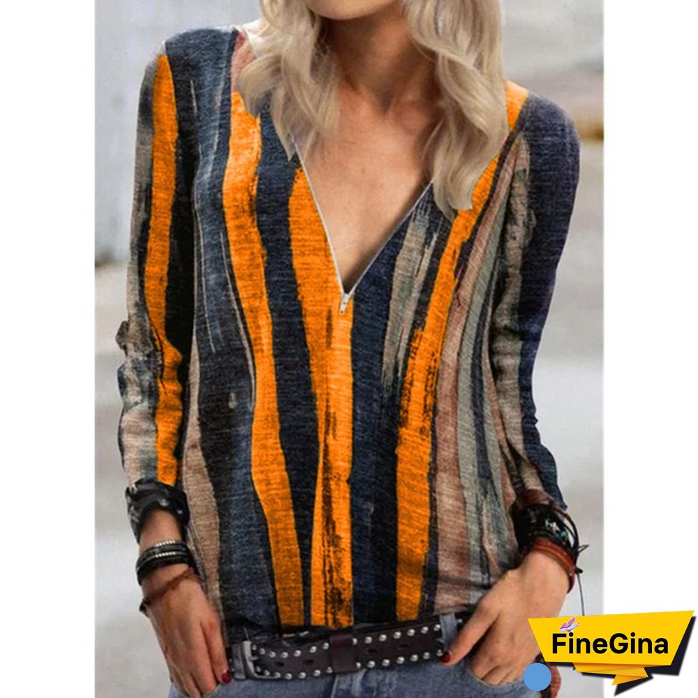 Women's Fashion Plus Size Loose Tops Stripes Printed Deep V-neck Blouse Long Sleeve T-shirt