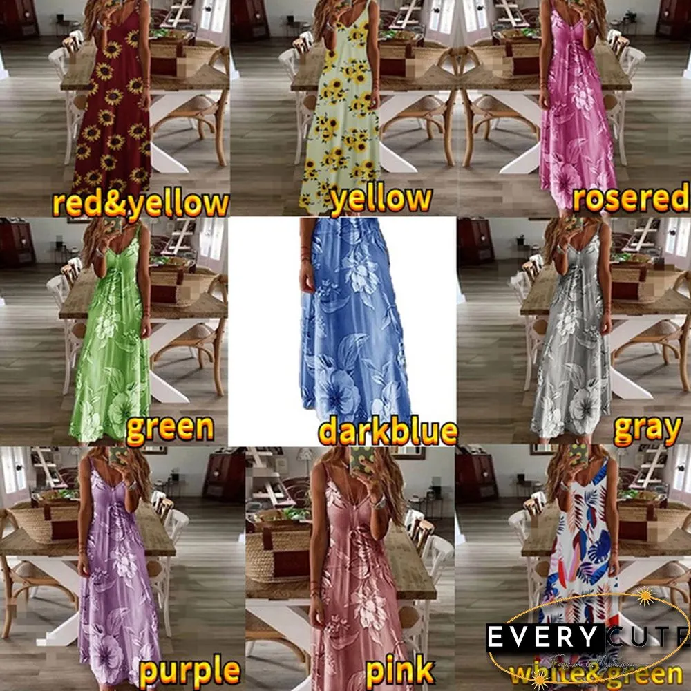 Women's Fashion Summer Sleeveless Floral Printing Sling Dress Deep V-Neck Slim Fit Big Swing Skirts Loose Casual Long Maxi Dresses Ladies Plus Size Party Dresses