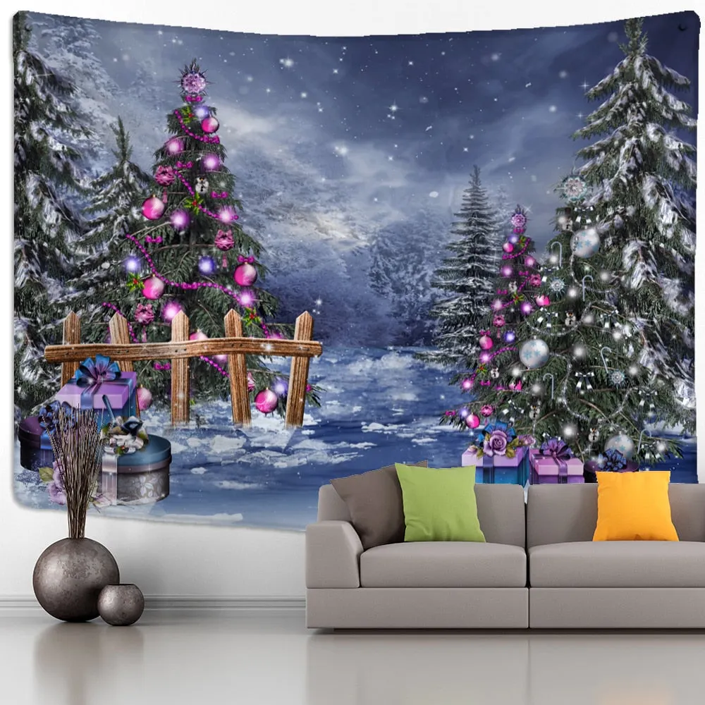 Christmas Tree Snowman Tapestry Wall Hanging Natural Snow Scene Cartoon Oil Painting Aesthetics Room Hippie Home Decor