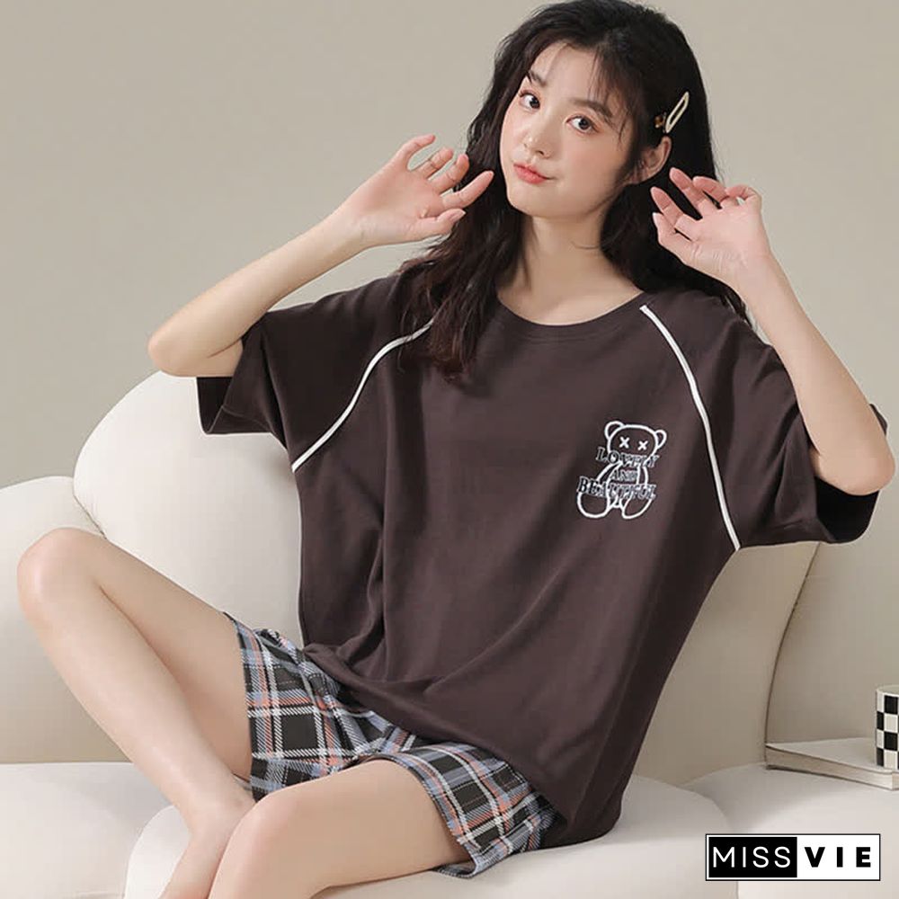 Cartoon Bear Print Summer Cotton Pajamas Set