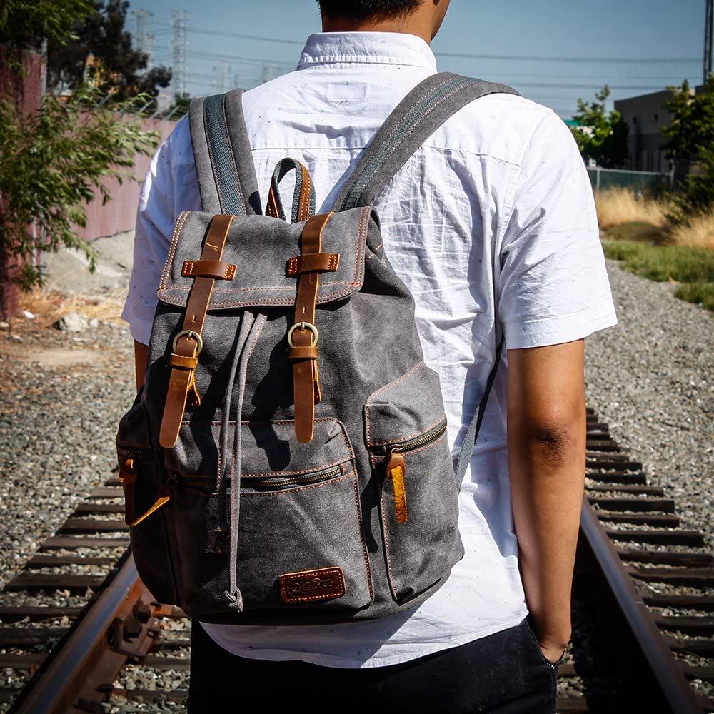 Vintage Canvas Backpack for Men Leather Rucksack Knapsack 15 inch Laptop Tote Satchel School Military Army Shoulder Rucksack Hiking Bag