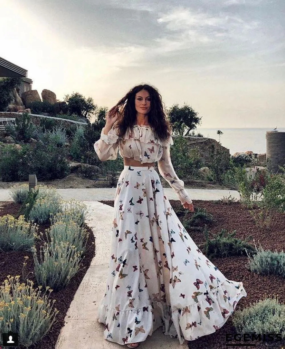 Butterfly Print Two Piece Set Large Skirt Long Skirt Beach Dress White Dresses | EGEMISS