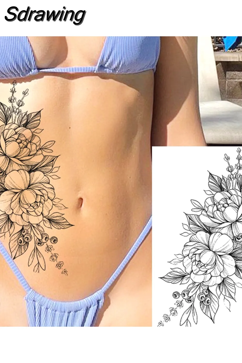 Sdrawing Peony Flower Temporary Tattoos For Women Adults Realistic Compass Moon Pendant Fake Tattoo Sticker Arm Body Tatoos 507-1