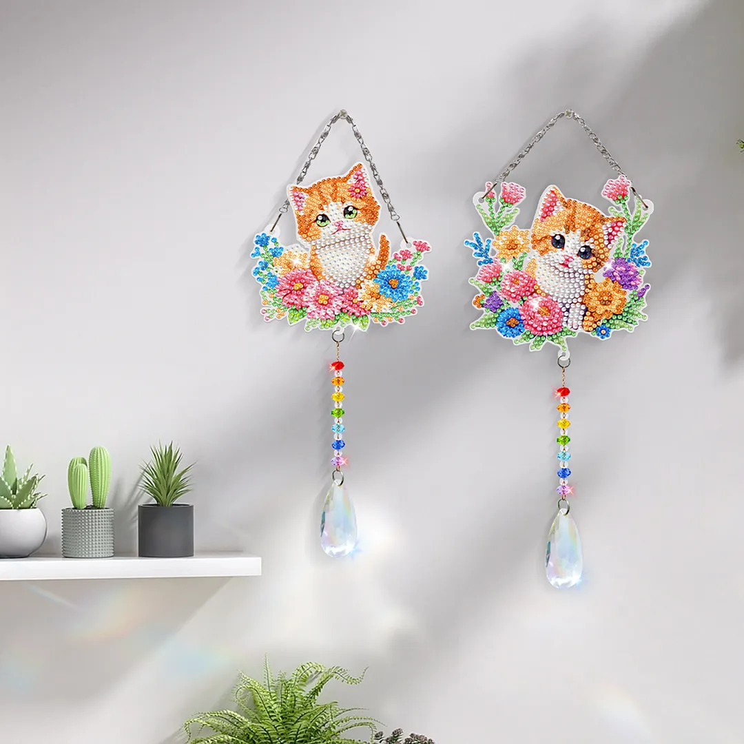 2Pcs Flower Kitten DIY Acrylic Diamond Painting Art Wind Chimes with Crystal Pendant Diamond Art Hanging Pendant Double-Sided for Adults Beginners Gift Home Garden Decor