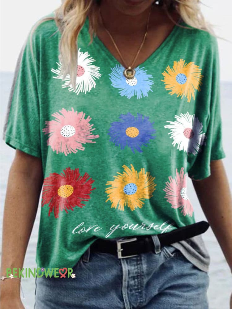 Daisy Love Yourself Print Casual V-Neck Loose Short Sleeve T-Shirt Multicolor / S