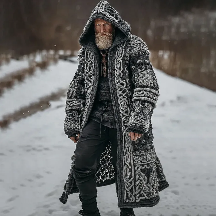 Men's Viking Celtic Knot Art Pocket Mid-length Hooded Cardigan Sweater