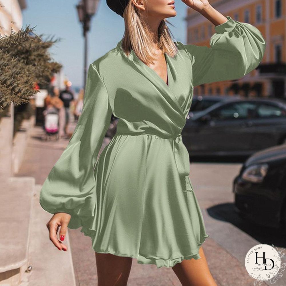 Women Silk Swing Mini Dress Lantern Long Sleeve V Neck Solid Color Party Casual Fashion Wrap Dress Plus Size