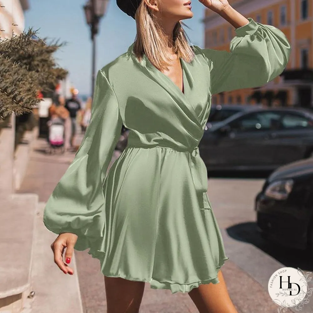Women Silk Swing Mini Dress Lantern Long Sleeve V Neck Solid Color Party Casual Fashion Wrap Dress Plus Size