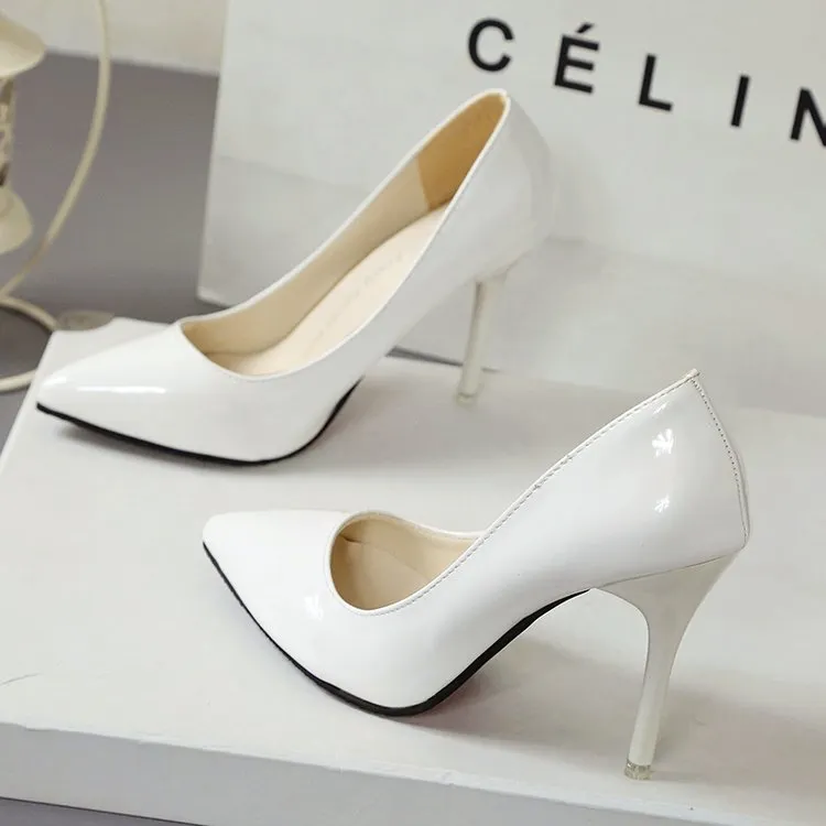Women Shoes Pointed Toe Pumps Patent Leather Dress High Heels Boat Shoes Wedding Shoes Zapatos Mujer White Blue Red