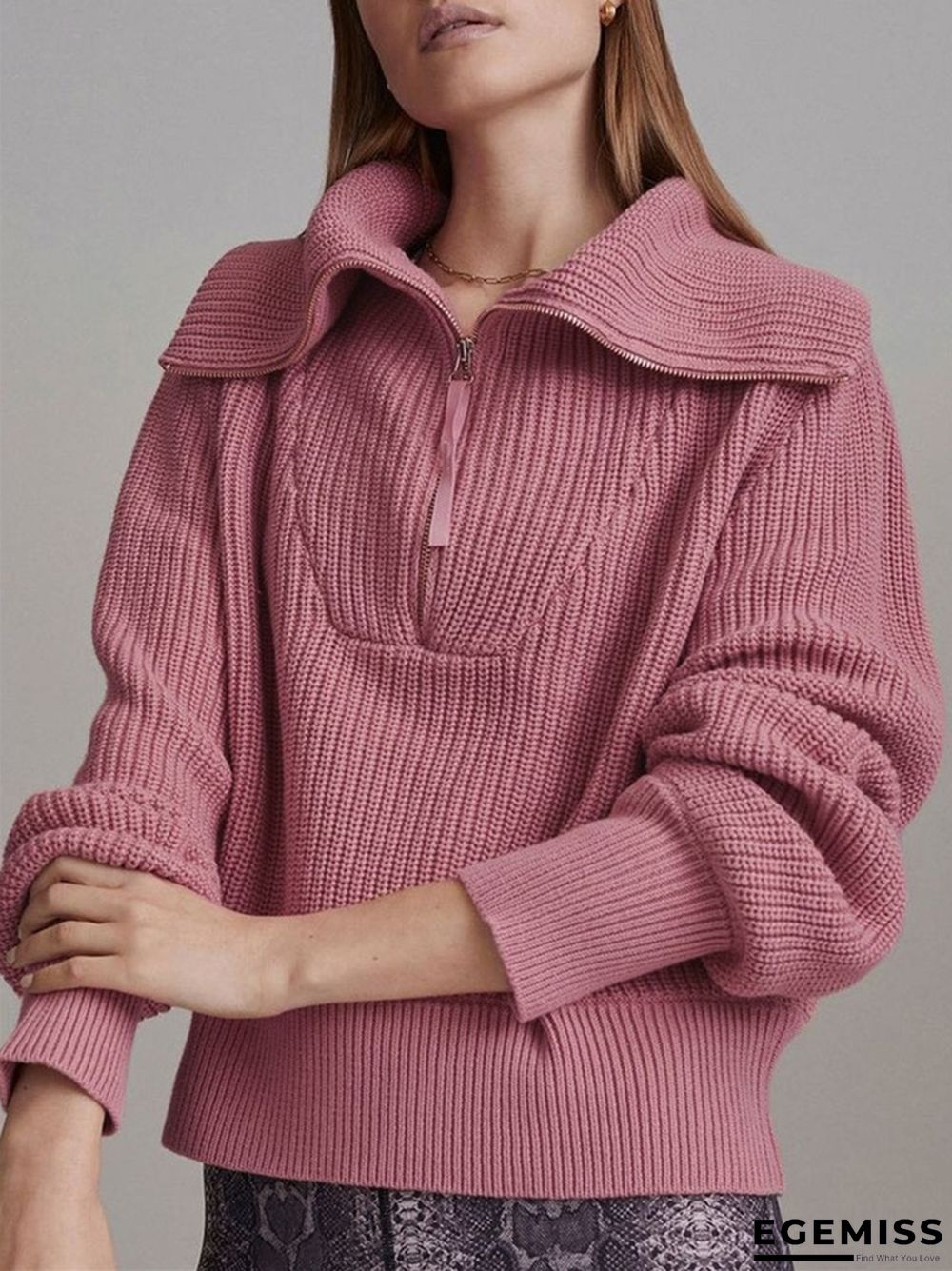 Solid Color Zipper Wide Neck Fashionable Casual Sweater | EGEMISS