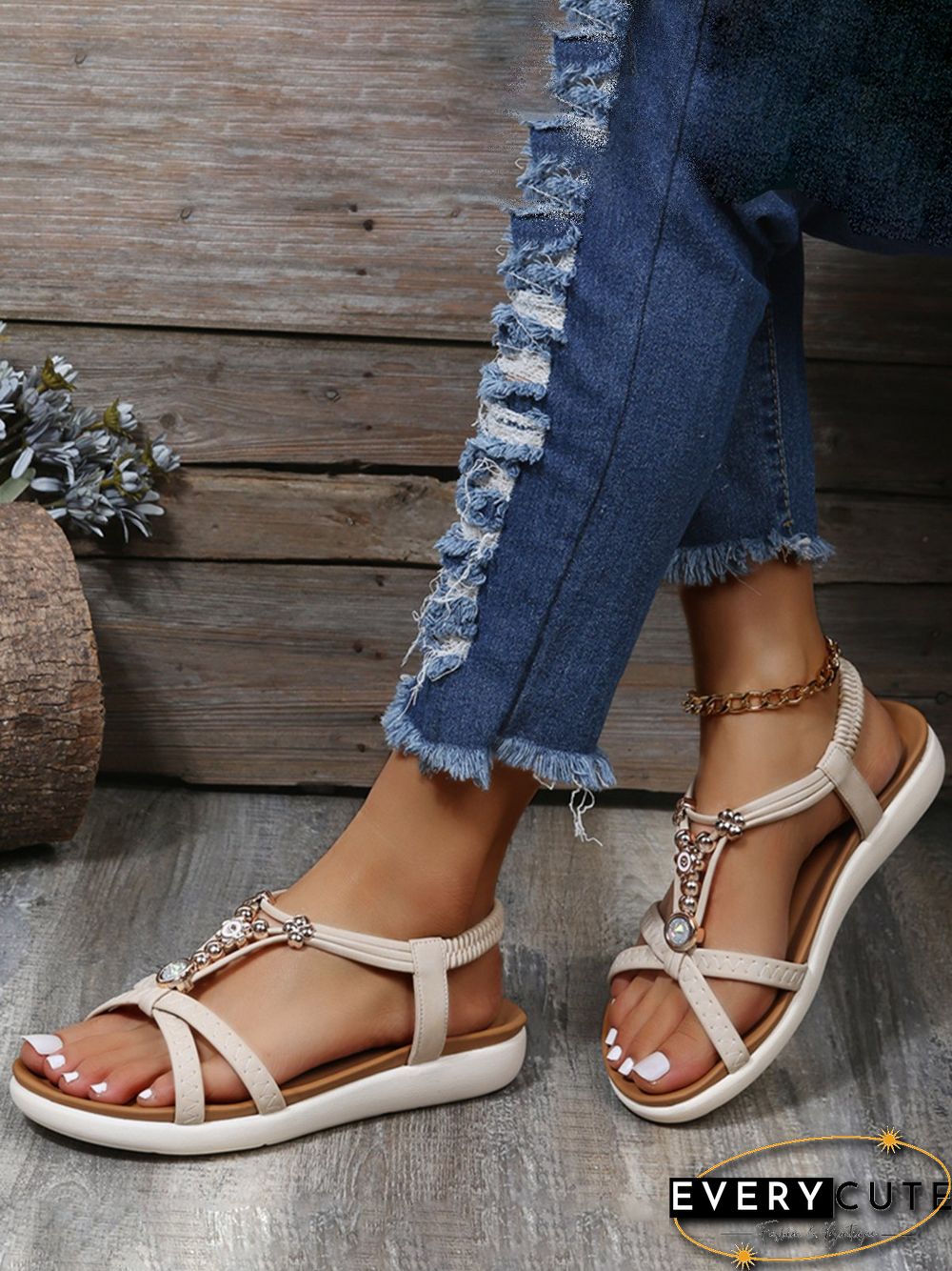 Moonstone Beaded Thin Strap Cross Boho Casual Sandals