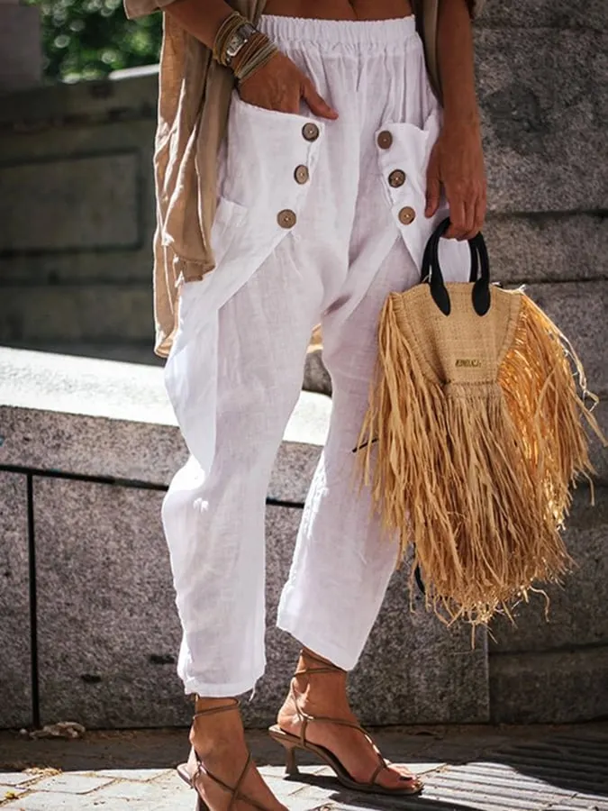 Women's Cotton Casual Button Design Loose Retro Harlem Pants