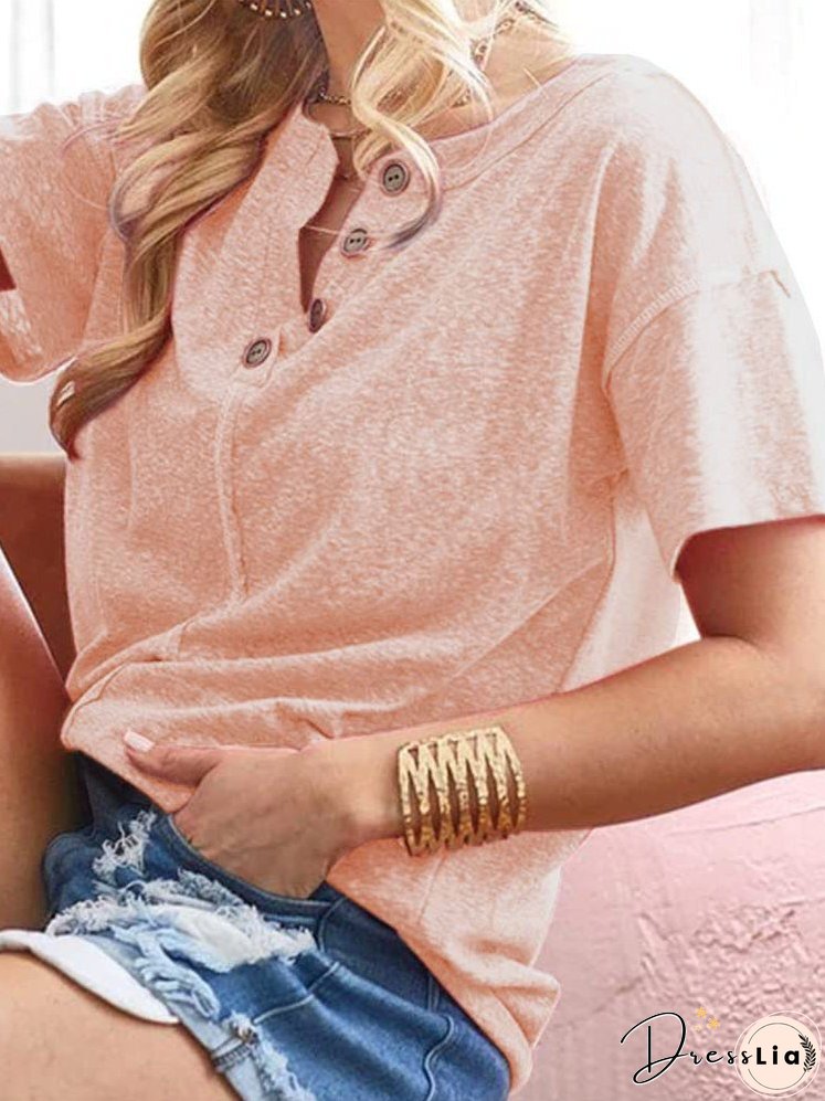 Women's T-Shirts Loose Solid Button Short Sleeve T-Shirt