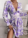 Deep V-Neck Long Sleeve Floral Print Elasticity A-Line Mini Dress