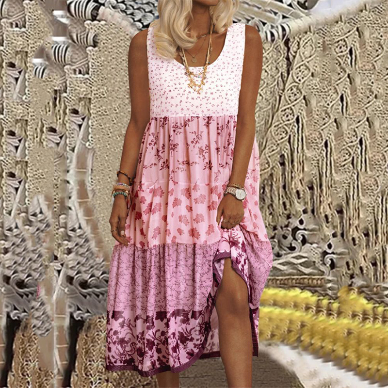 Vintage Floral Print Panel Party Casual O Neck Ruffle Sleeveless A Line Beach Dress