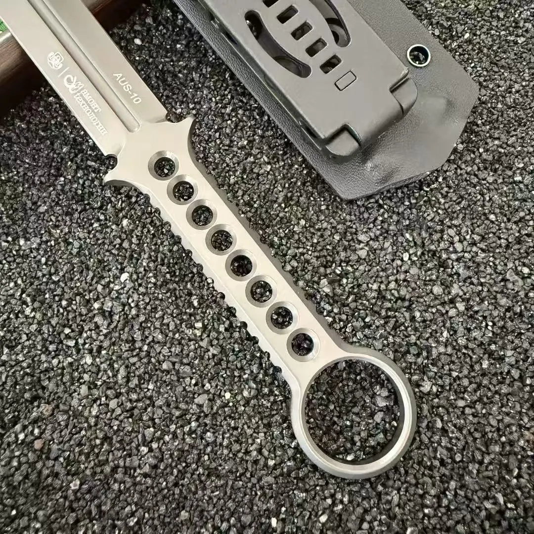 Eight-hole small sword, one-piece Aus-10 steel, portable small straight knife for outdoor camping, self-defense, and wilderness survival.
