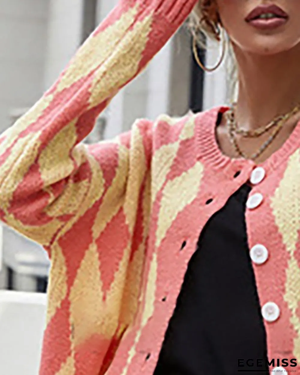 Argyle Print Colorblock Buttoned Long Sleeve Cardigan | EGEMISS