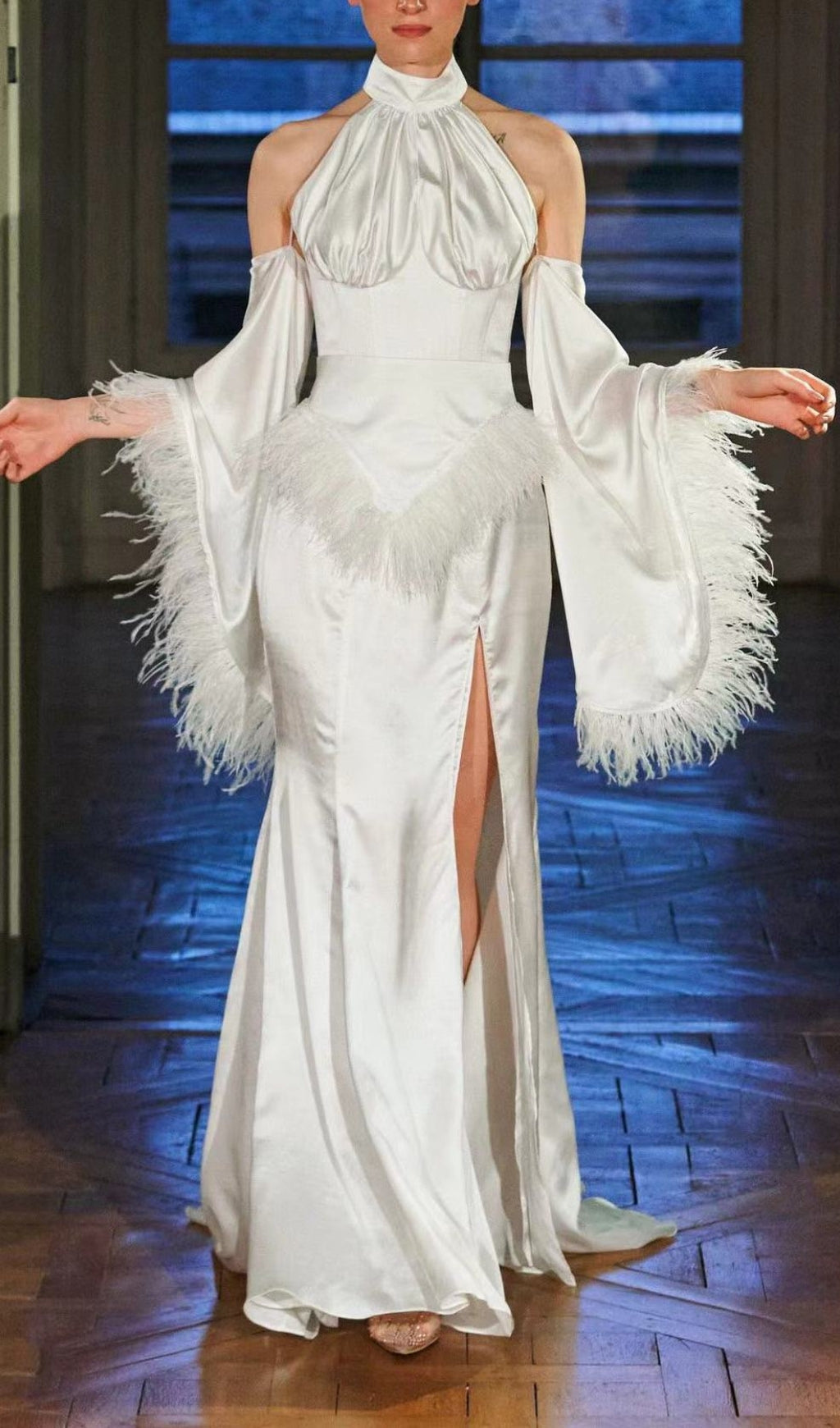 Fashionslee WomenAstra Halterneck Feather Satin Dress