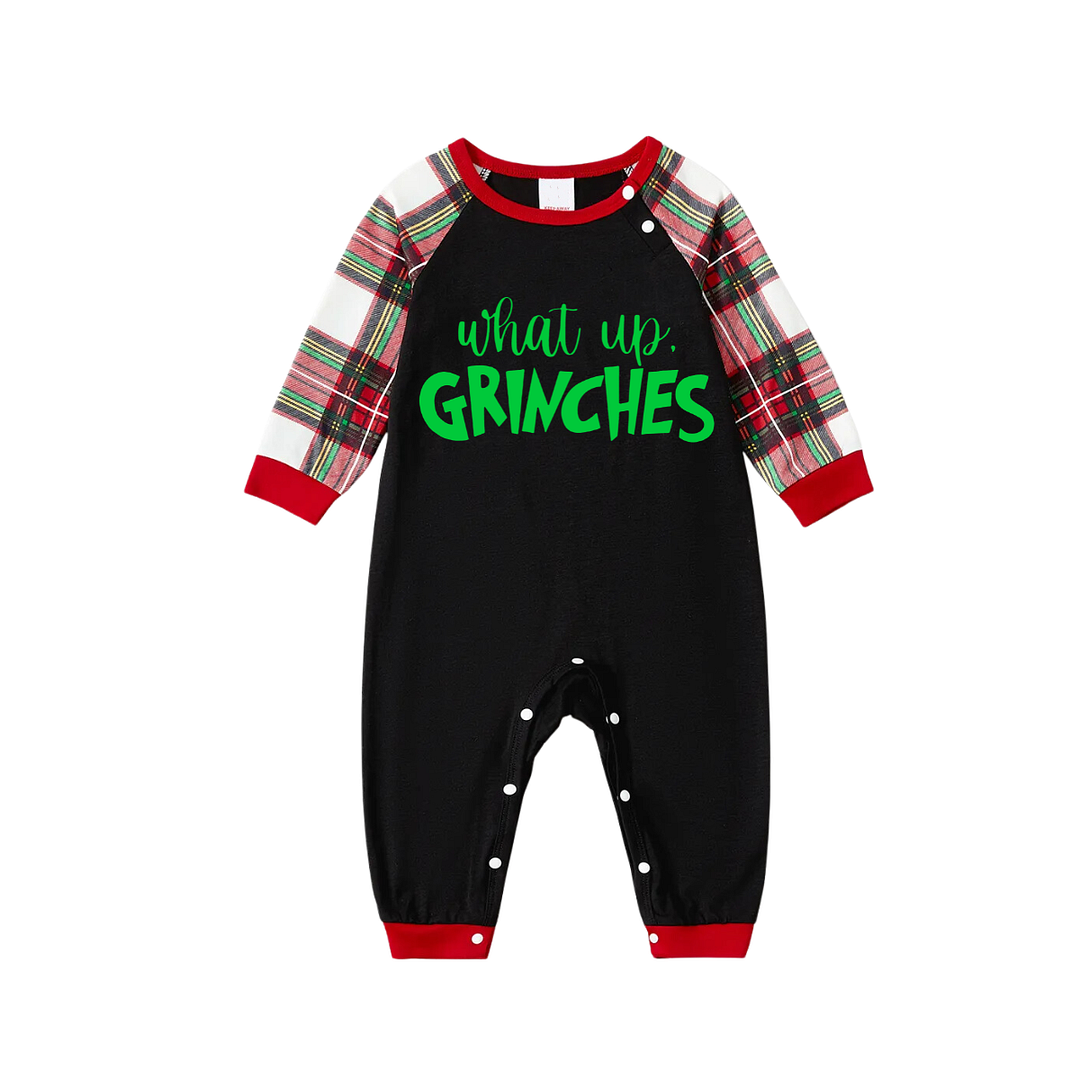 Christmas Text Print Black Long Sleeve Top with Red & White & Green Plaid Family Matching Pajamas