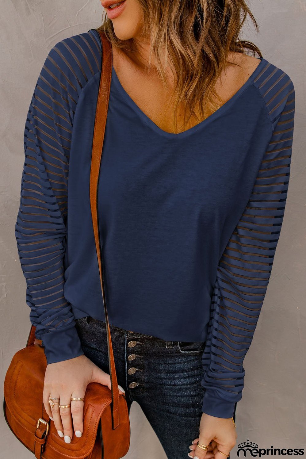 Stripe Long Sleeve Large Fashion Simple V-Neck T-Shirt