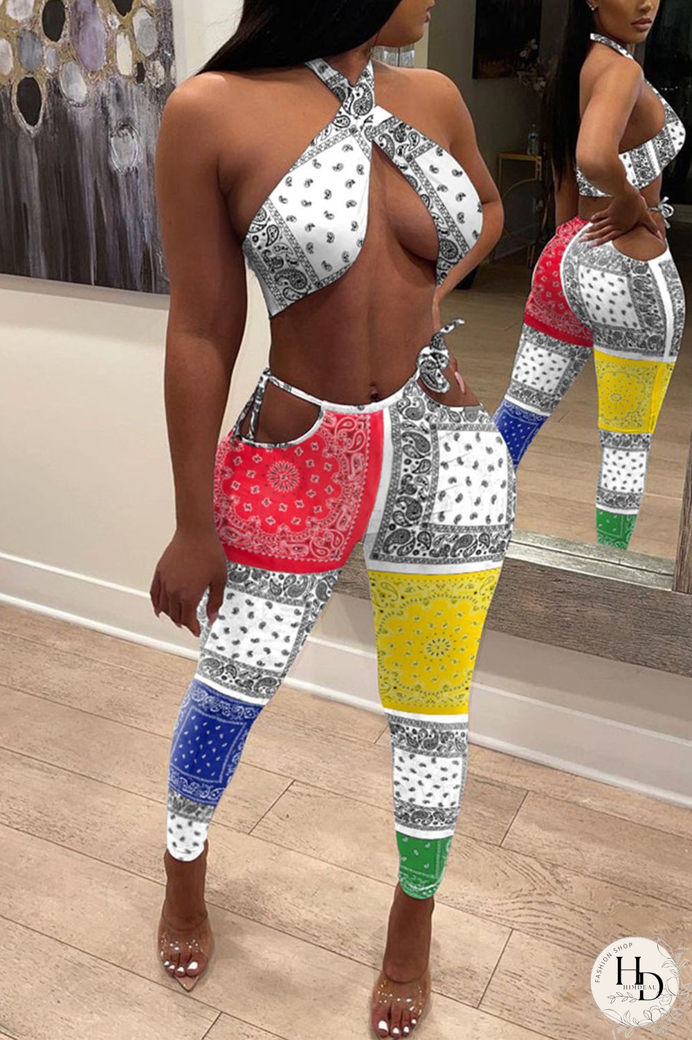 Black Fashion Sexy Print Hollowed Out Split Joint Backless Halter Sleeveless Two Pieces