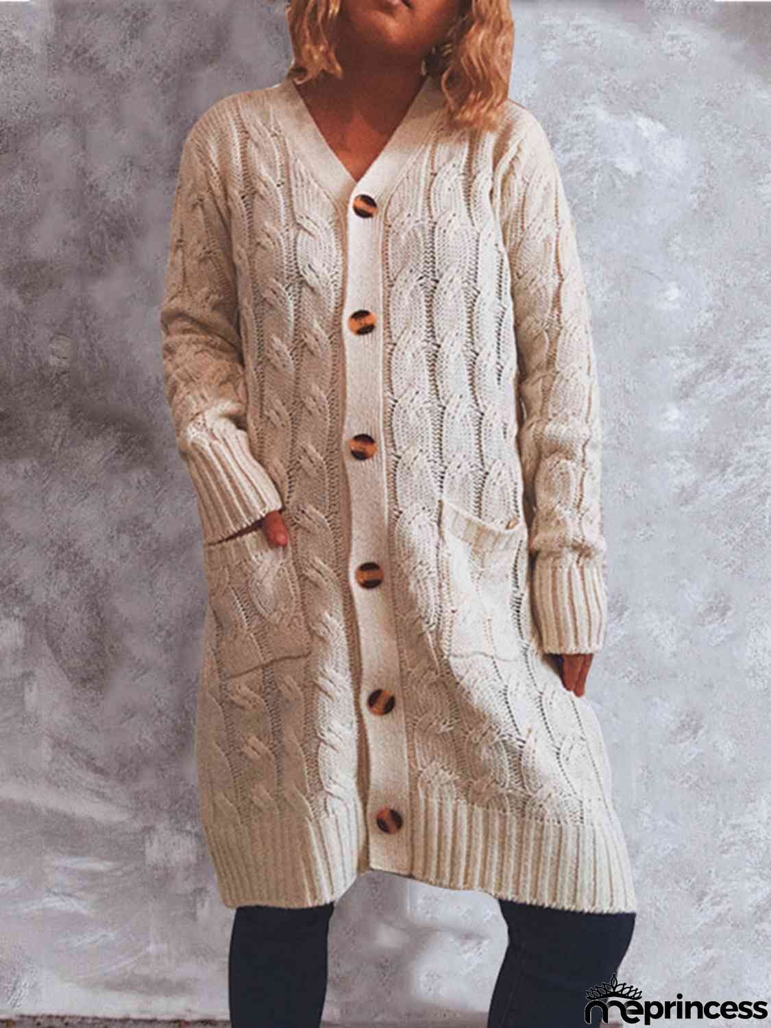Button Up Cable-Knit Cardigan with Pockets