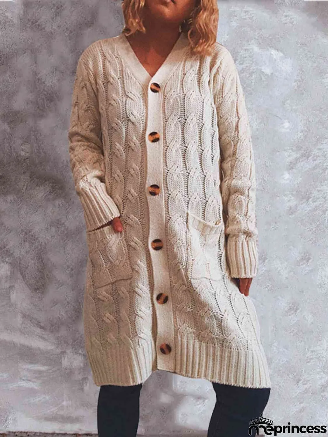 Button Up Cable-Knit Cardigan with Pockets