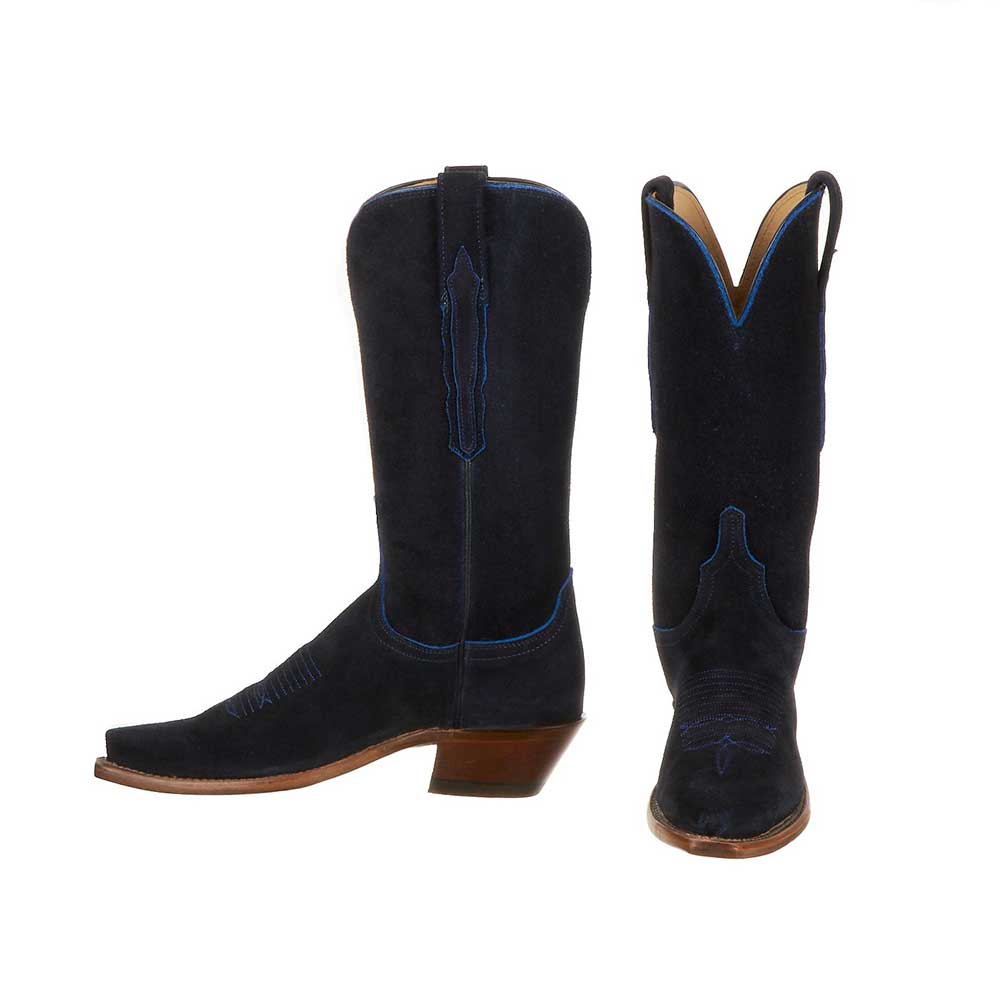 Blue Faux Suede Closed Toe Chunky Heel Mid-Calf Cowgirl Boots