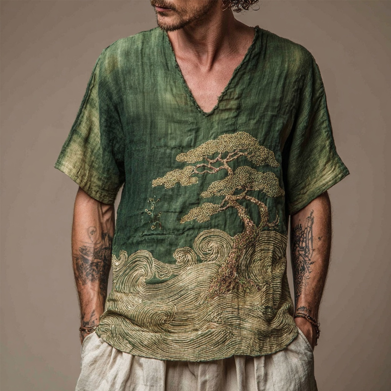 Men's Japanese Waves & Pine Embroidered Linen Shirt