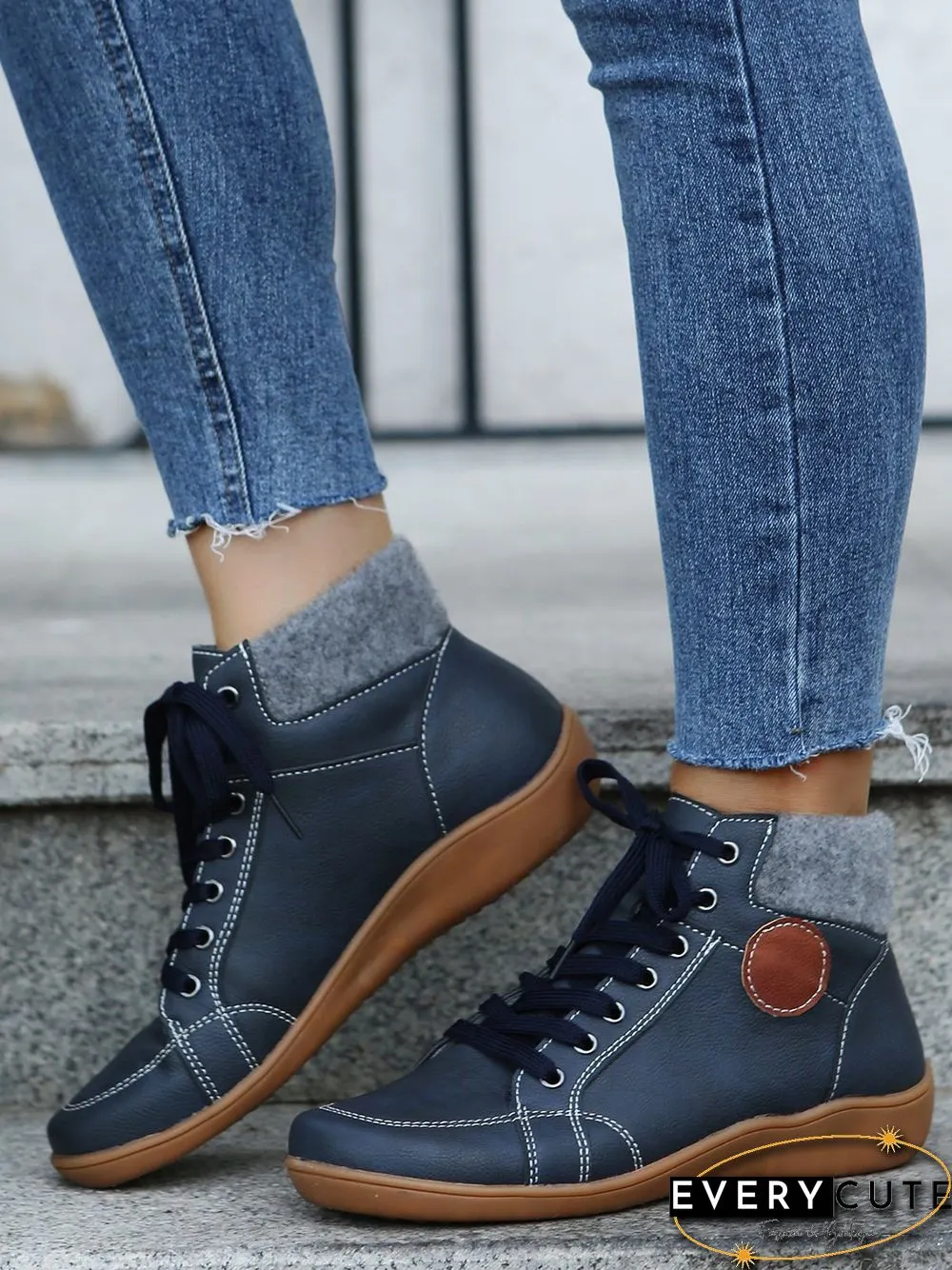 PU Leather Suede Panel Casual Short Boots