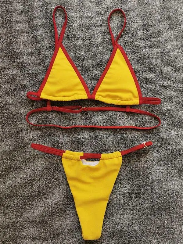 Solid Color Triangles Bandage Split Bikini Swimsuit