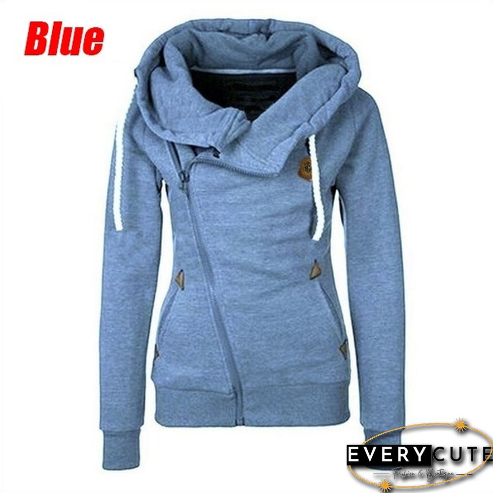 New Fashion Winter Woman Sports Personality Side Zipper Hooded Sweatshirt Candy Colored Sweater Coat