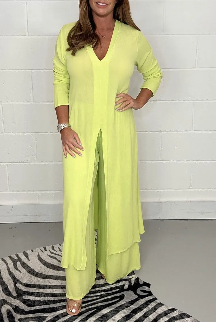 Long Sleeve Knit Lounge Set with Slit Top