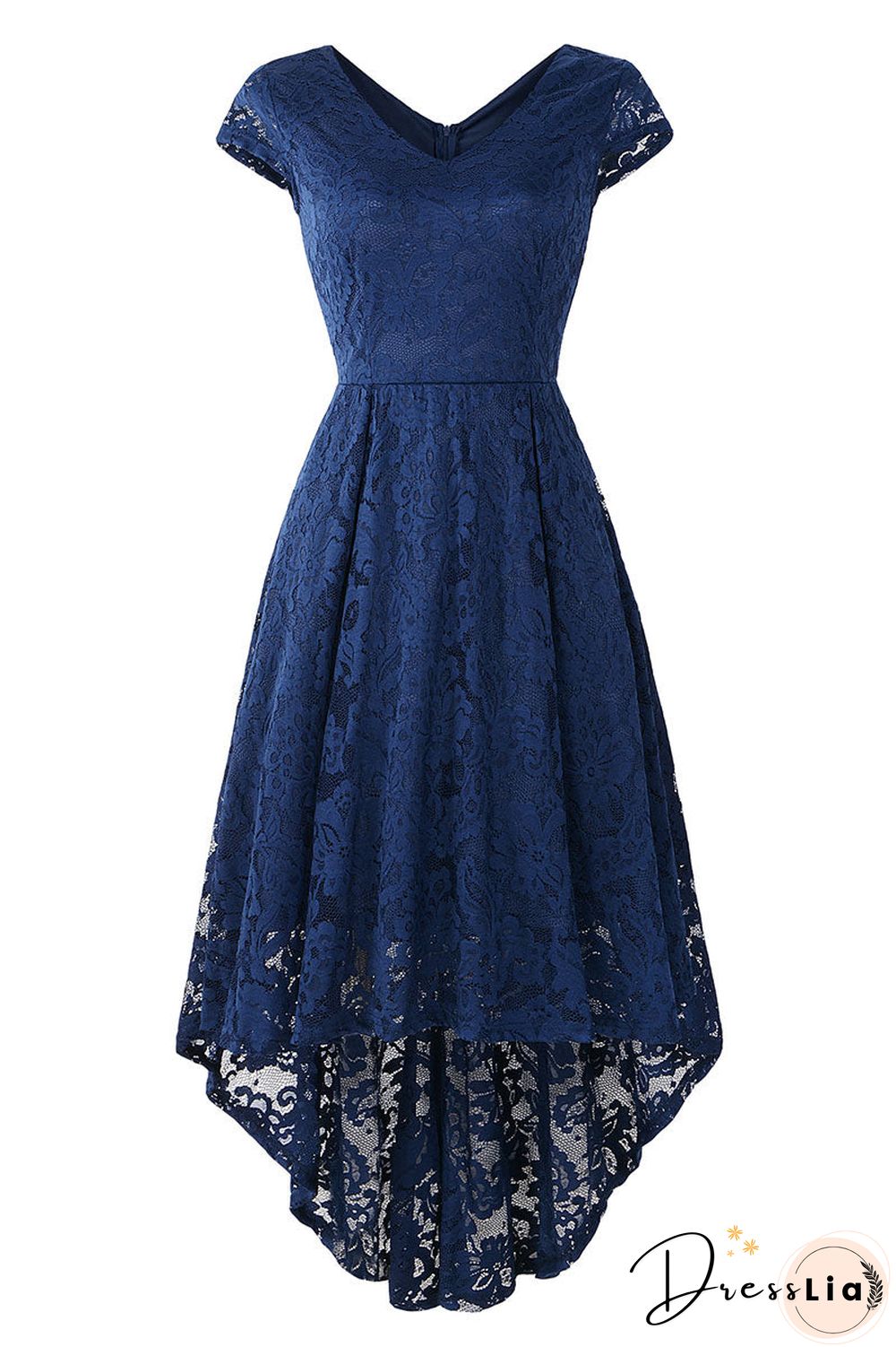 Champagne V Neck Cap Sleeve Lace Prom Dress