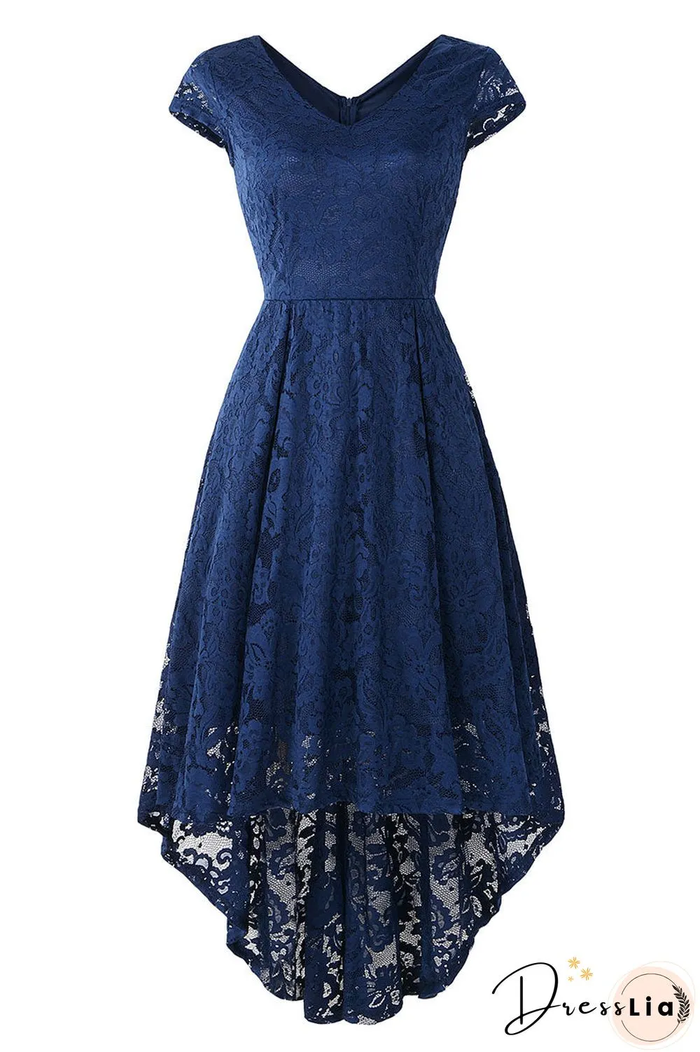 Champagne V Neck Cap Sleeve Lace Prom Dress