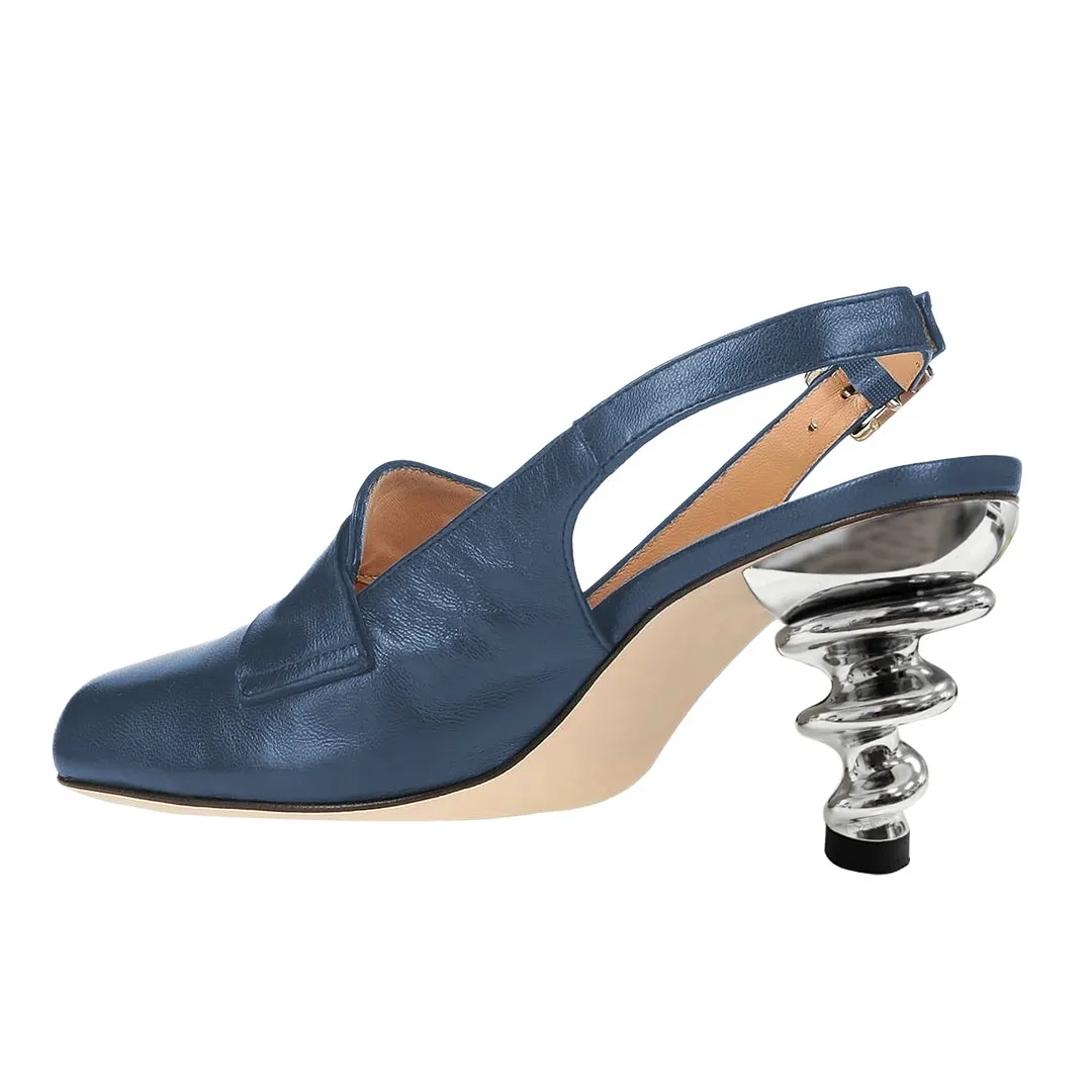 Women's Navy Square Toe Loafer Slingback Pumps Heels with Buckle