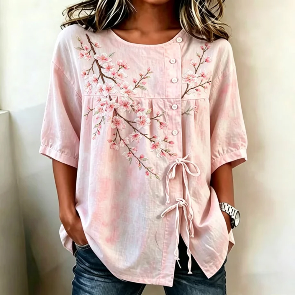 Comstylish Japanese-style Pink Cherry Blossom Embroidered Art Round Neck Tie-waist Shirt