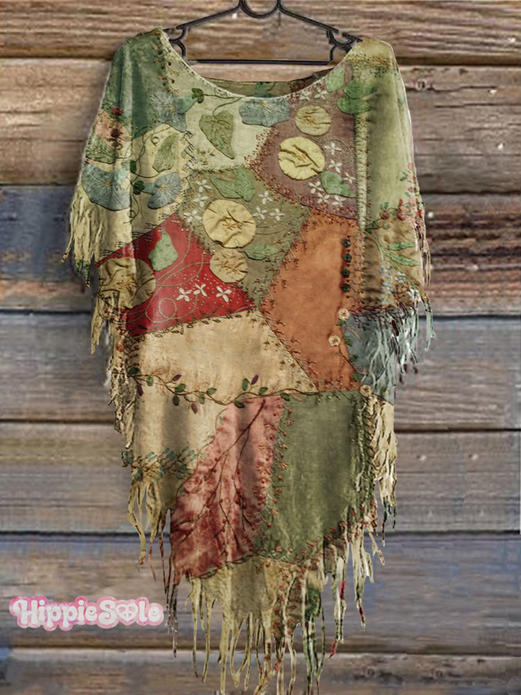 Women&rsquo;s Vintage Patchwork Print Punk Hippie Batwing Tussle Fringes Poncho Dress Multicolor / S