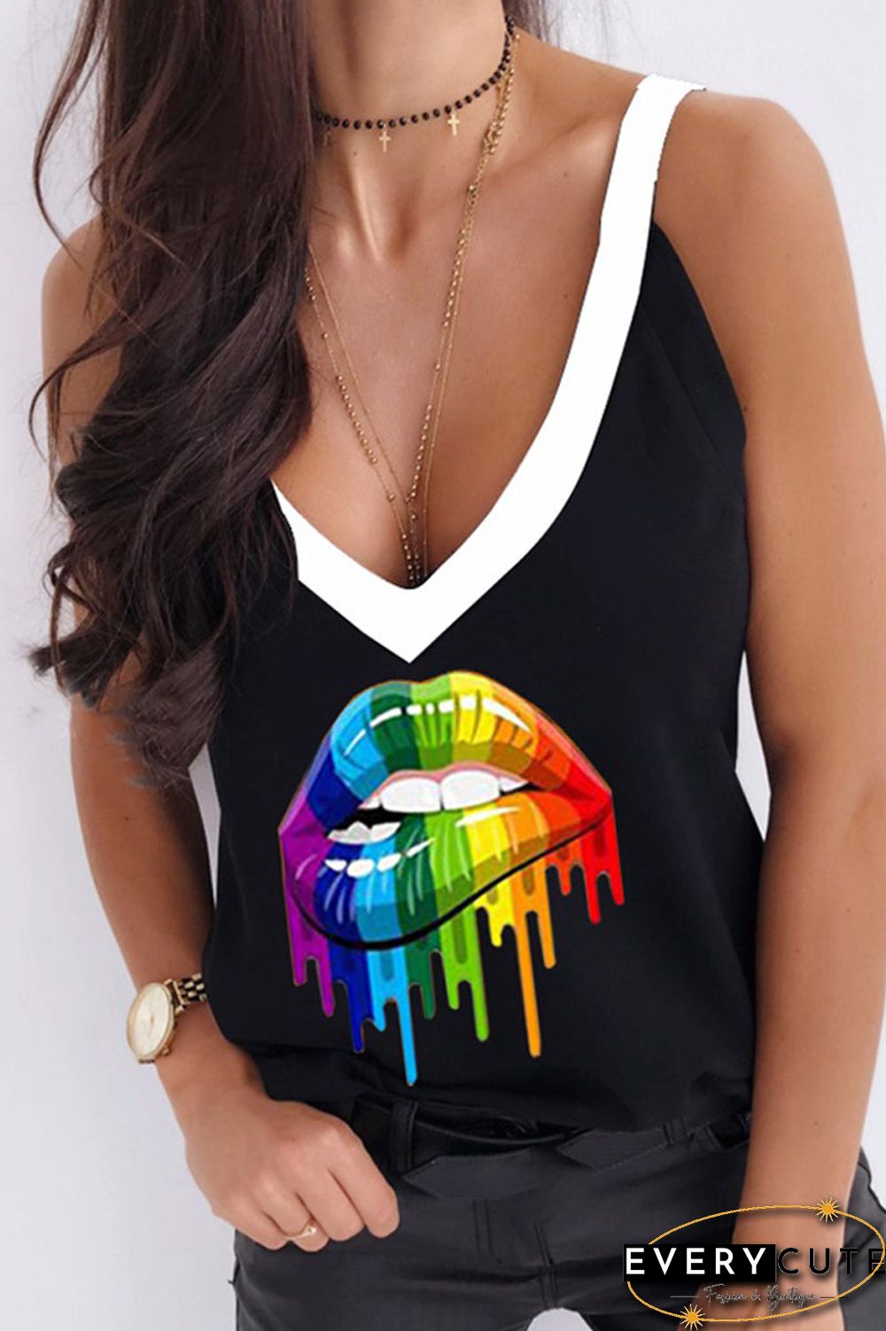 Lip Printed Deep V-Neck Tank Top