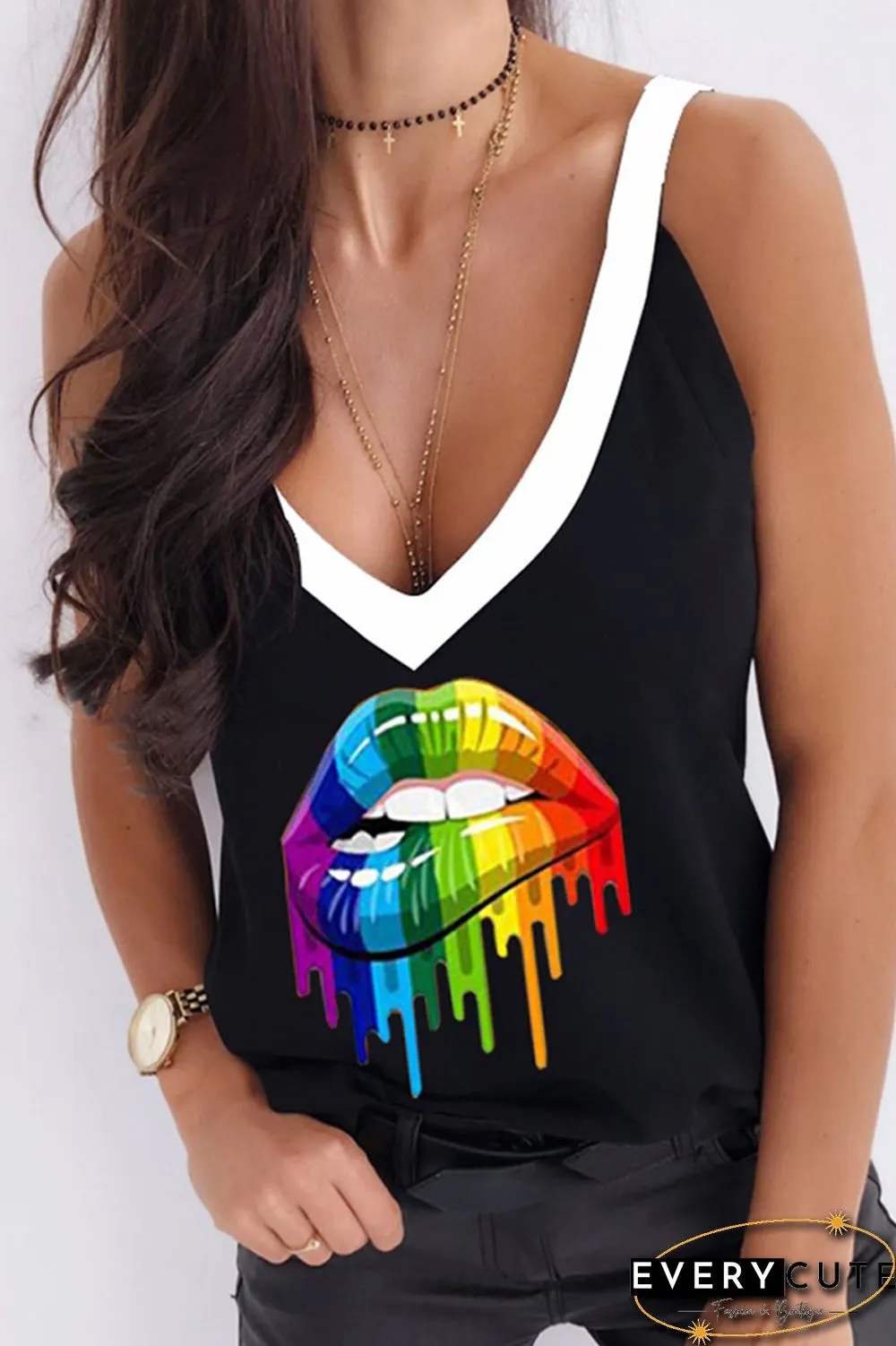 Lip Printed Deep V-Neck Tank Top