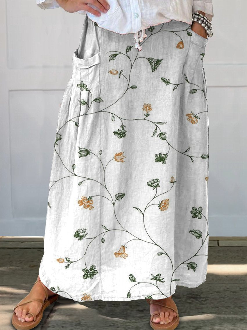 Women's Vintage Floral Art Linen Pocket Skirt