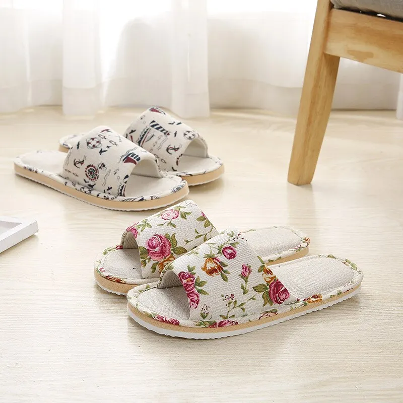 Women Casual Floral Indoor Home Slippers Flower Soft Slippers Spring Autumn Flip Flops Female Linen Slides Slippers home sandals